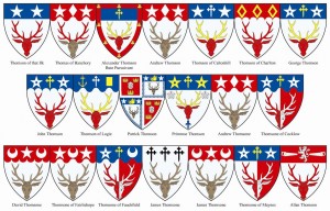 The arms of 18 Thomsons from Gayre's Roll of Scottish Arms plus the shadowy Thomson of that Ilk and Allan Thomson Click to view full size